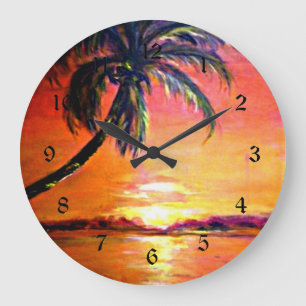 Tropischer Sonnenuntergang, Kunstmalerei Große Wanduhr