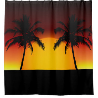 Tropischer Sonnenuntergang mit Palmen Duschvorhang