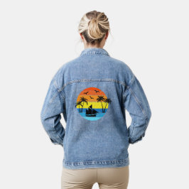Tropischer Sonnenuntergang mit Palmen und einem Se Jeansjacke