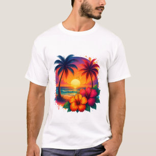Tropischer Sonnenuntergang mit Palmen und Hibiskus T-Shirt
