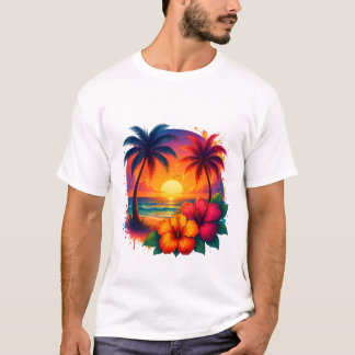 Tropischer Sonnenuntergang mit Palmen und Hibiskus T-Shirt