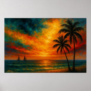 Tropischer Sonnenuntergang mit Segelbooten Poster