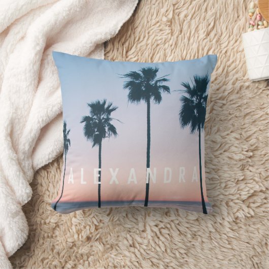 Tropischer Sonnenuntergang Ombre Pink & Blue Palm Kissen (Decke)