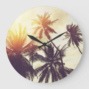 Tropischer Sonnenuntergang: Palmensilhouette Vinta Große Wanduhr
