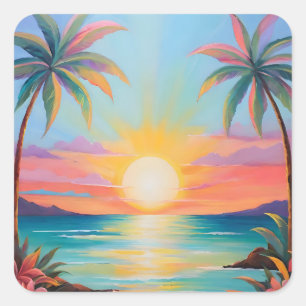 Tropischer Sonnenuntergang Quadratischer Aufkleber
