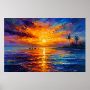 Tropischer Sonnenuntergang-Segelboot-Kunstprint mi Poster