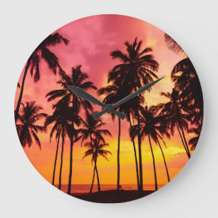 Tropischer Sonnenuntergang: Silhouette in Palm. Große Wanduhr