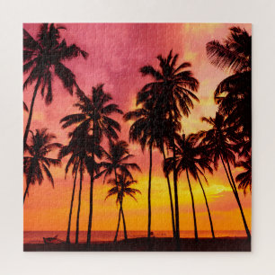 Tropischer Sonnenuntergang: Silhouette in Palm. Puzzle