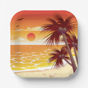 Tropischer Sonnenuntergang Strand Palmen Insel Pappteller