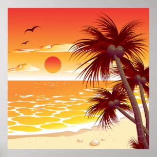 Tropischer Sonnenuntergang Strand Palmen Insel Poster
