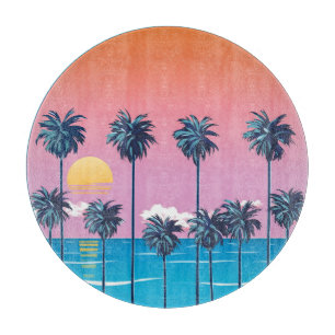 Tropischer Sonnenuntergang: Vintage Beach Illustra Schneidebrett