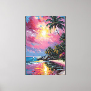 Tropischer Sonnenuntergangsstrand mit Palmen und H Leinwanddruck