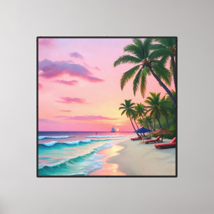 Tropischer Sonnenuntergangsstrand mit Palmen und S Leinwanddruck