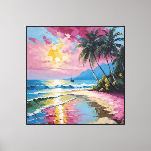 Tropischer Sonnenuntergangsstrand mit Palmen und S Leinwanddruck