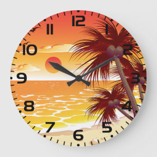 Tropischer Sonnenuntergangsstrand Palmeninsel Große Wanduhr