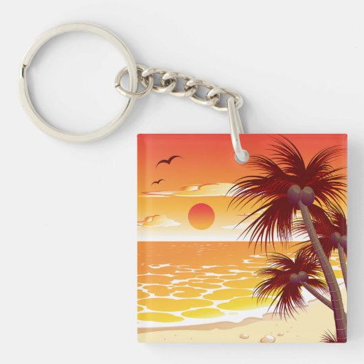 Tropischer Sonnenuntergangsstrand Palmeninsel Schlüsselanhänger (Vorderseite)