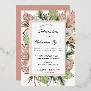 Tropischer staubiger Rosa Weißer Blumen Quinceaner Folieneinladung