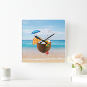 Tropischer Strand, Blauer Himmel, Ocean Sand, Coco Quadratische Wanduhr (Zuhause)