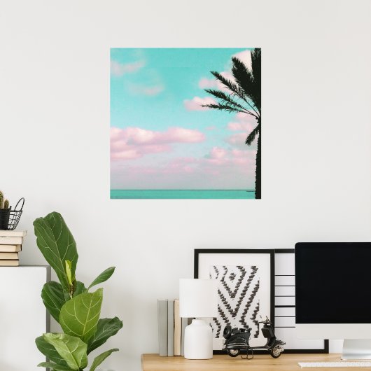 Tropischer Strand, Blick aufs Meer, rosa Wolken, P Poster (Heimbüro)
