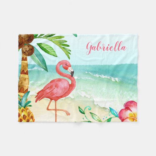 Tropischer Strand Flamingo Personalisiert Fleecedecke (Vorderseite (Horizontal))