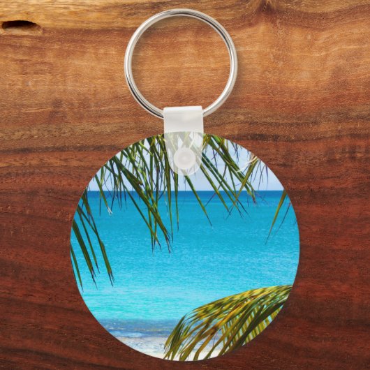 Tropischer Strand gerahmt mit Palmfronten Schlüsselanhänger (Vorderseite)