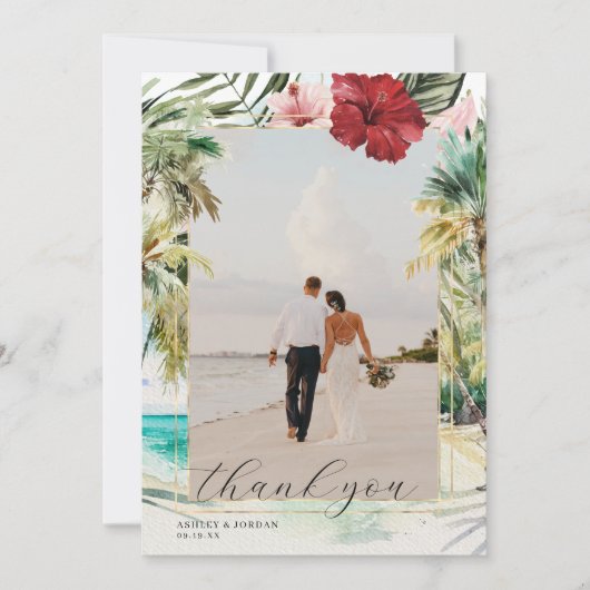 Tropischer Strand | Hochzeitsstift Foto Dankeskarte (Vorderseite)