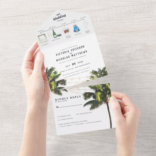 tropischer Strand | Illustrierte Hochzeit All In One Einladung (Abreißtisch)