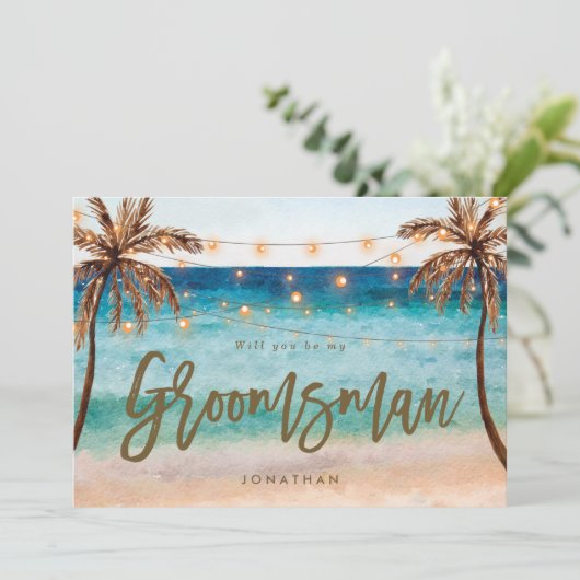 Tropischer Strand ist mein Trauzeuge Vorschlag Kar Dankeskarte (Stehend Vorderseite)