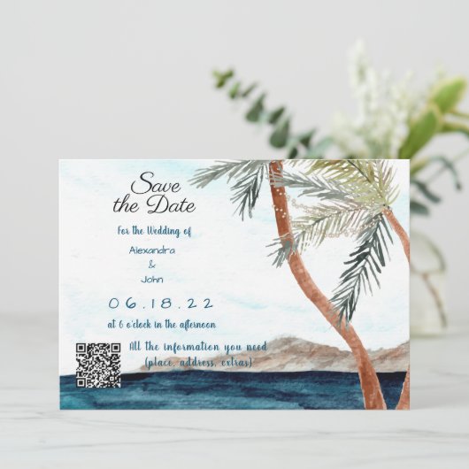 Tropischer Strand mit Lichtern Save the Date Einladung (Stehend Vorderseite)