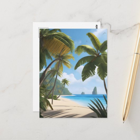 Tropischer Strand mit Palmen Postkarte (Vorderseite/Rückseite Beispiel)
