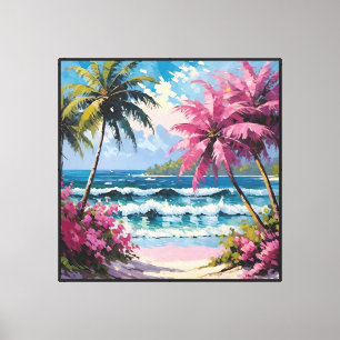 Tropischer Strand mit Palmen und rosa Blüten Leinwanddruck