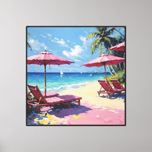 Tropischer Strand mit Palmen und rosa Sonnenschirm Leinwanddruck