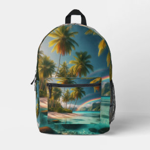 Tropischer Strand mit Regenbogen und Palmen Bedruckter Rucksack