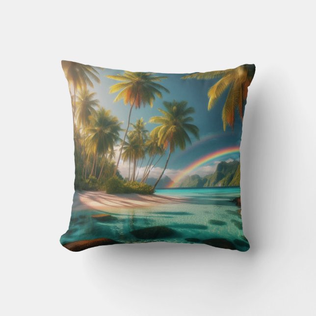 Tropischer Strand mit Regenbogen und Palmen Kissen (Vorderseite)