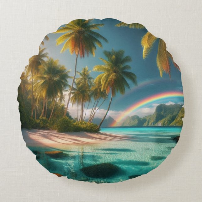 Tropischer Strand mit Regenbogen und Palmen Rundes Kissen (Vorderseite)