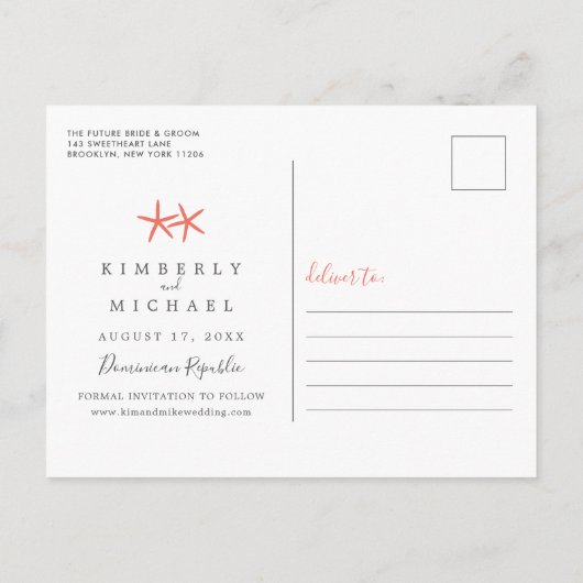 Tropischer Strand mit Sandstrand Save the Date Ankündigungspostkarte (Rückseite)