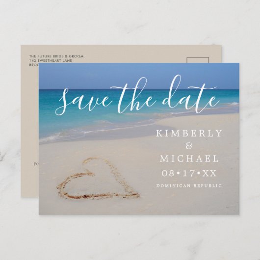 Tropischer Strand mit Sandstrand Save the Date Ann Ankündigungspostkarte (Vorne/Hinten)
