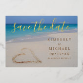 Tropischer Strand mit Sandstrand Save the Date Folieneinladung (Vorderseite)