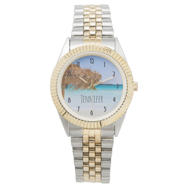 Tropischer Strand mit Strohdach-Schirm Armbanduhr (Vorderseite)