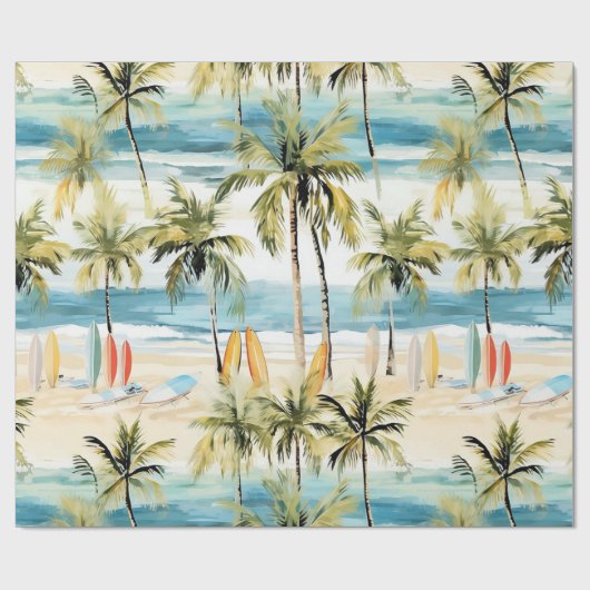 Tropischer Strand mit Surfbrettern und Umschlagpap Geschenkpapier (Flach)