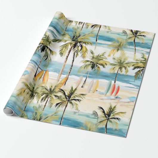 Tropischer Strand mit Surfbrettern und Umschlagpap Geschenkpapier (Ungerollt)