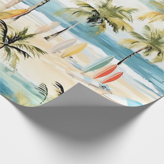 Tropischer Strand mit Surfbrettern und Umschlagpap Geschenkpapier (Ecke)