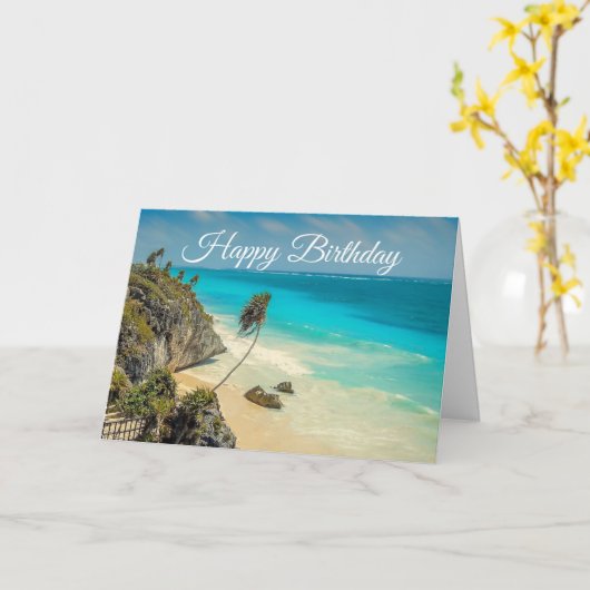 Tropischer Strand mit von Wind gesegneten Palmen G Karte (Gelbe Blume)