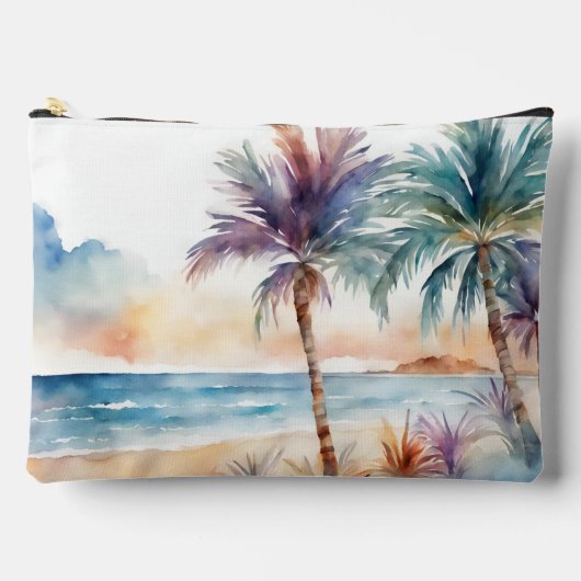 Tropischer Strand mit Wasserfarbe, Palmen Zubehörtasche (Vorderseite)