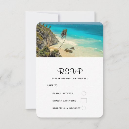Tropischer Strand mit Wind-Swept-Palmen Hochzeit RSVP Karte (Vorderseite)