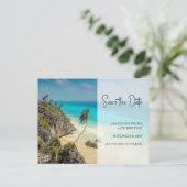Tropischer Strand mit windgefrorenen Palmen Save t Einladungspostkarte (Stehend Vorderseite)