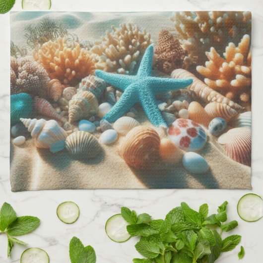 Tropischer Strand Muscheln und Seeteufel Geschirrtuch (Gefaltet)