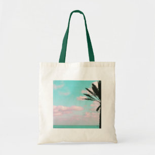 Tropischer Strand, Ozeanblick, rosa Wolken, Palme Tragetasche