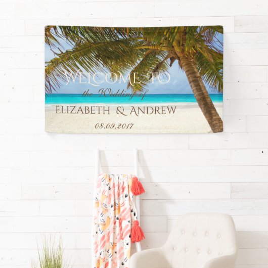 Tropischer Strand, Palm, Ozean, Sand Hochzeitsbann Banner (Insitu)