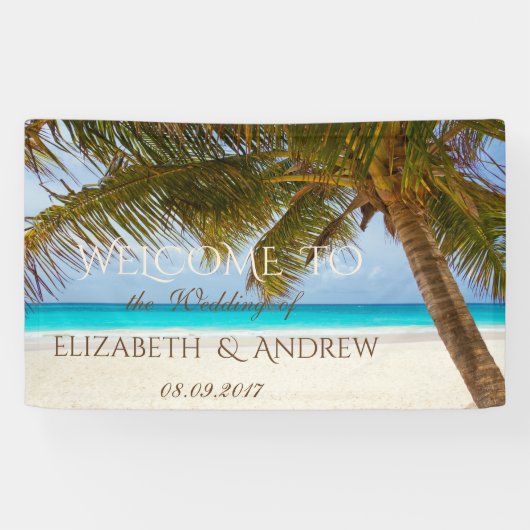 Tropischer Strand, Palm, Ozean, Sand Hochzeitsbann Banner (Horizontal)